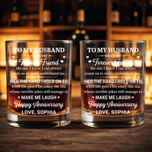 To My Husband Forever Friend Hearts Happy Anniversary - Personalized Custom Whiskey Glass - HSB144_RWG