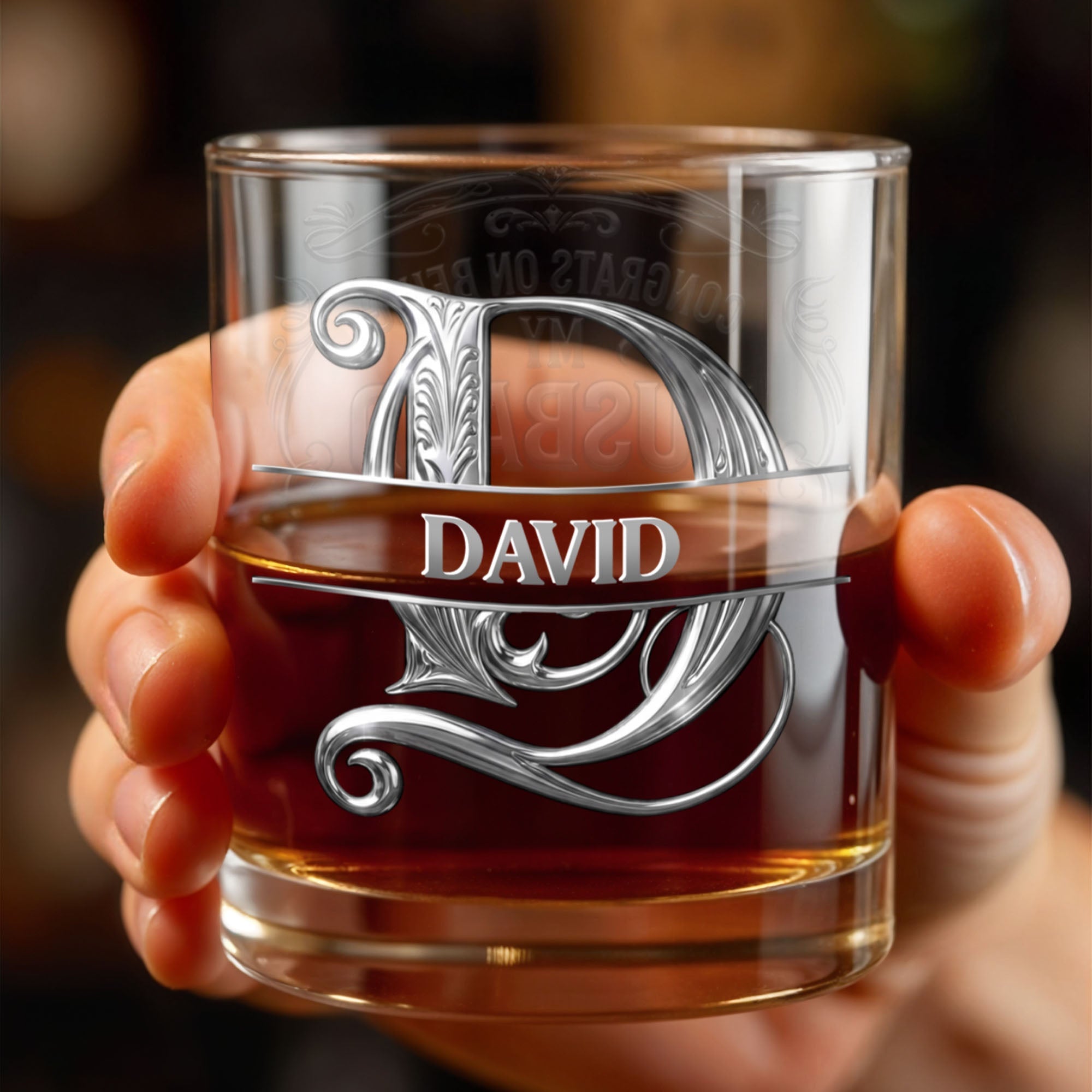 Congrats On Being My Husband Monogram Initial Personalized Silver Design - Personalized Custom Whiskey Glass - HSB146_RWG