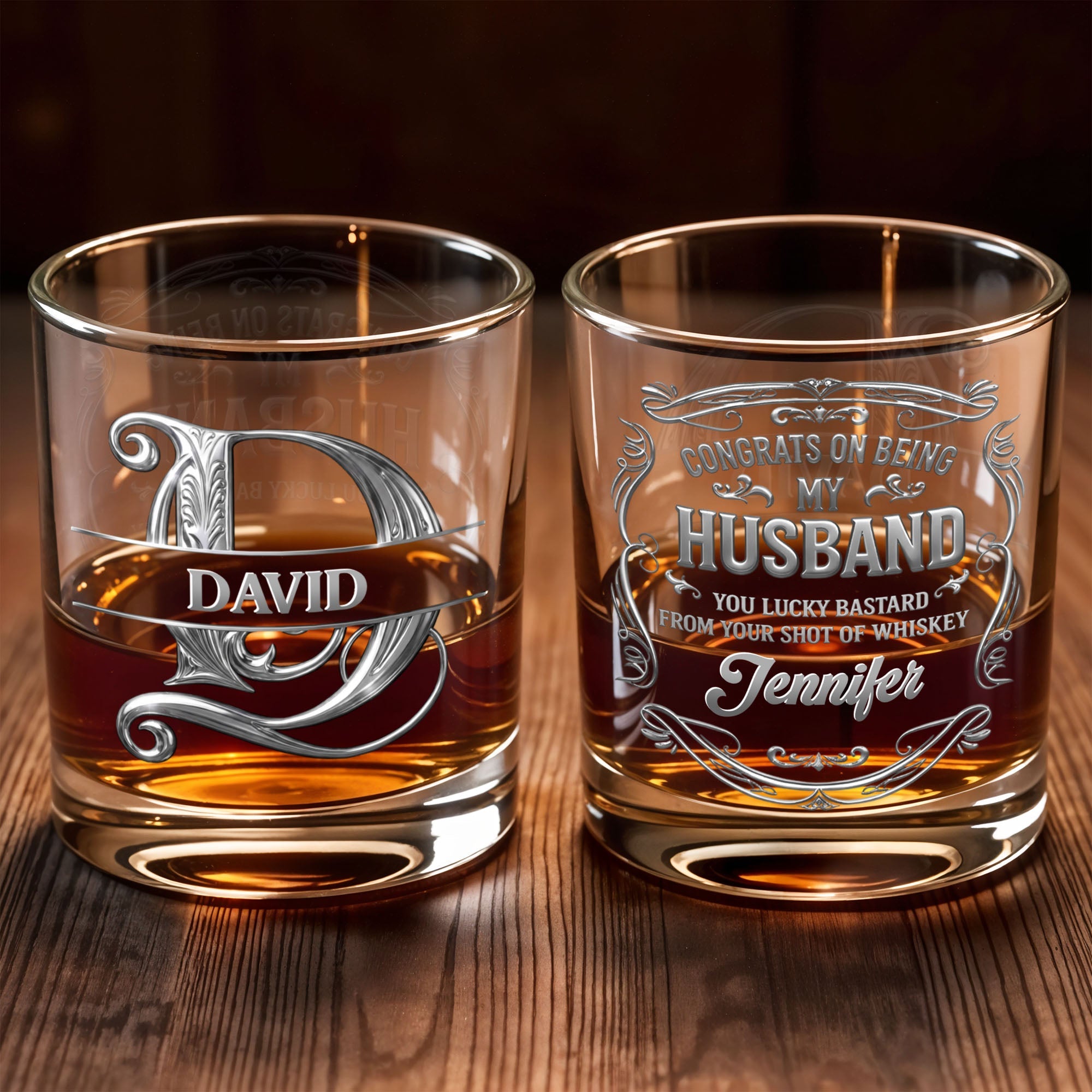 Congrats On Being My Husband Monogram Initial Personalized Silver Design - Personalized Custom Whiskey Glass - HSB146_RWG