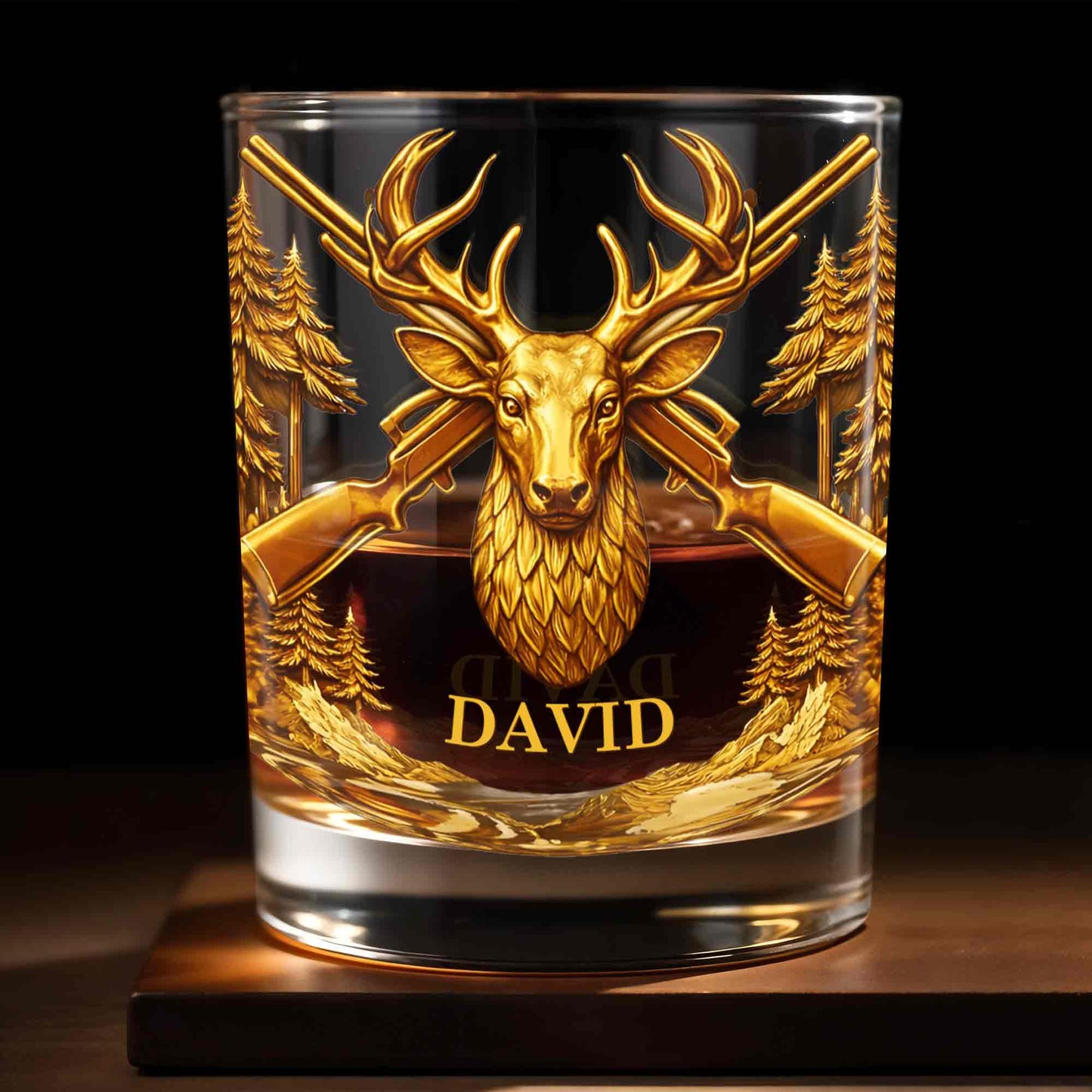 A Hunter's Spirit, Wild And Free Deer Head With Rifles And Trees - Personalized Custom Whiskey Glass - HTG006_RWG
