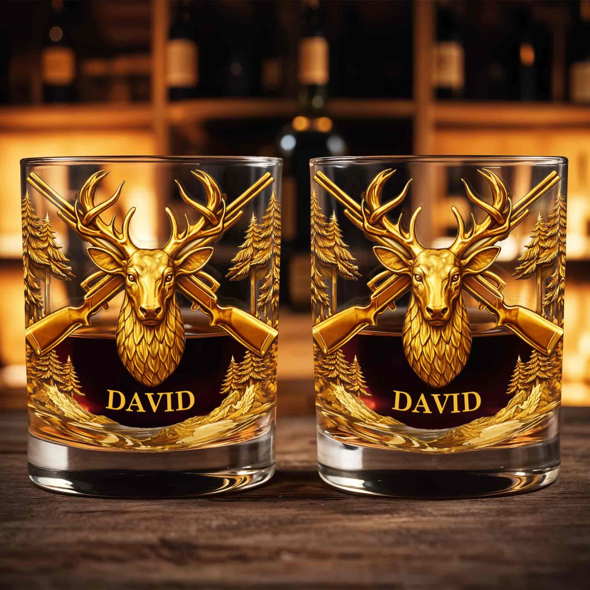 A Hunter's Spirit, Wild And Free Deer Head With Rifles And Trees - Personalized Custom Whiskey Glass - HTG006_RWG