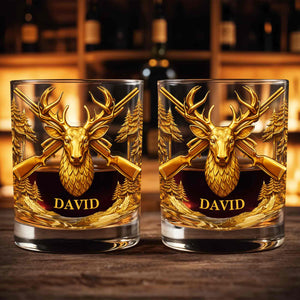 A Hunter's Spirit, Wild And Free Deer Head With Rifles And Trees - Personalized Custom Whiskey Glass - HTG006_RWG