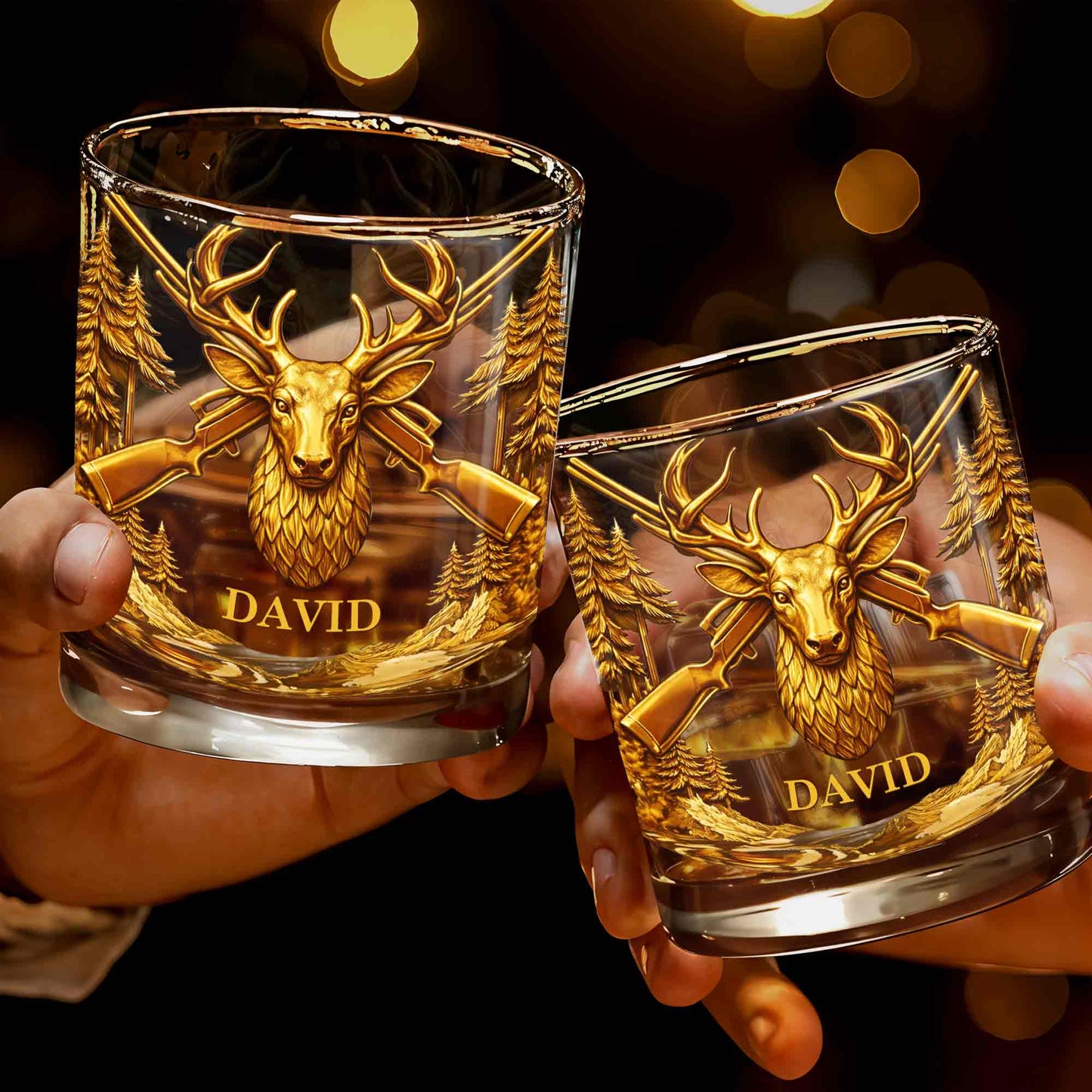 A Hunter's Spirit, Wild And Free Deer Head With Rifles And Trees - Personalized Custom Whiskey Glass - HTG006_RWG