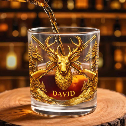 A Hunter's Spirit, Wild And Free Deer Head With Rifles And Trees - Personalized Custom Whiskey Glass - HTG006_RWG