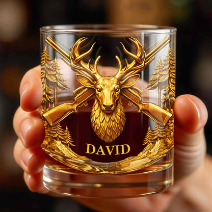 A Hunter's Spirit, Wild And Free Deer Head With Rifles And Trees - Personalized Custom Whiskey Glass - HTG006_RWG