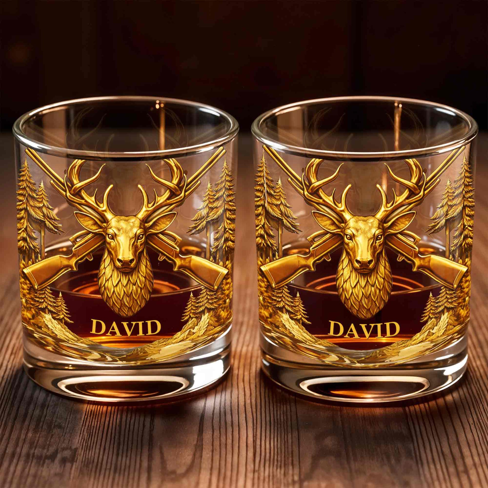 A Hunter's Spirit, Wild And Free Deer Head With Rifles And Trees - Personalized Custom Whiskey Glass - HTG006_RWG