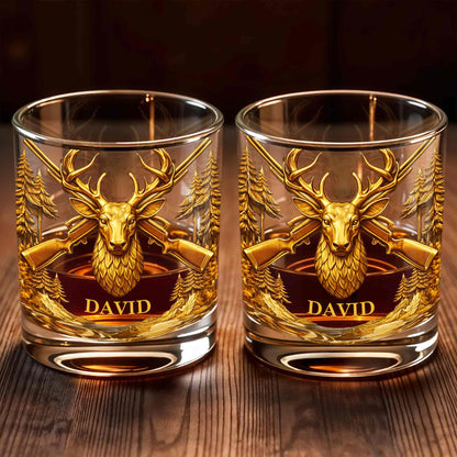 A Hunter's Spirit, Wild And Free Deer Head With Rifles And Trees - Personalized Custom Whiskey Glass - HTG006_RWG
