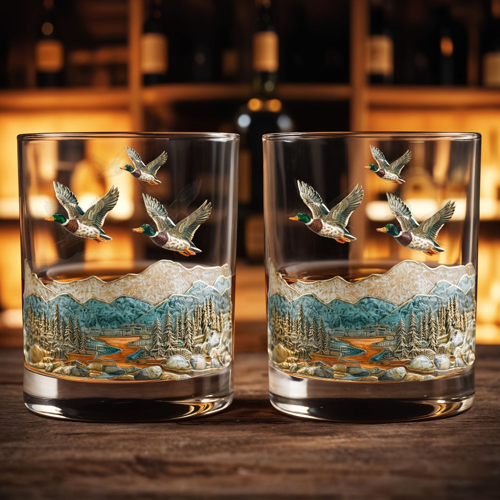 Immerse Yourself In The Tranquility of Nature With Ducks And Mountains - Personalized Custom Whiskey Glass - HTG008_RWG