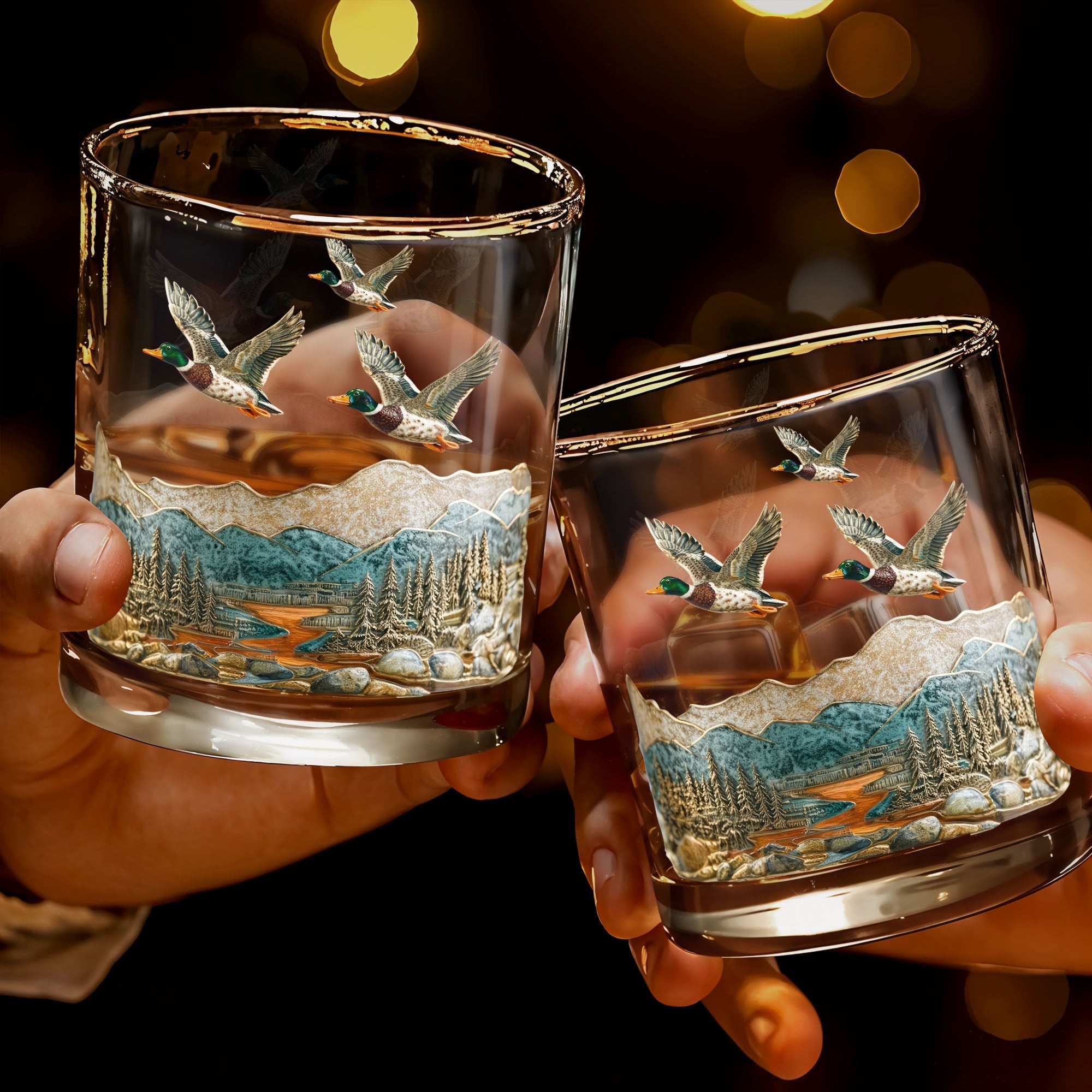 Immerse Yourself In The Tranquility of Nature With Ducks And Mountains - Personalized Custom Whiskey Glass - HTG008_RWG