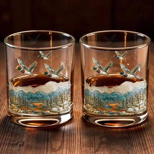 Immerse Yourself In The Tranquility of Nature With Ducks And Mountains - Personalized Custom Whiskey Glass - HTG008_RWG