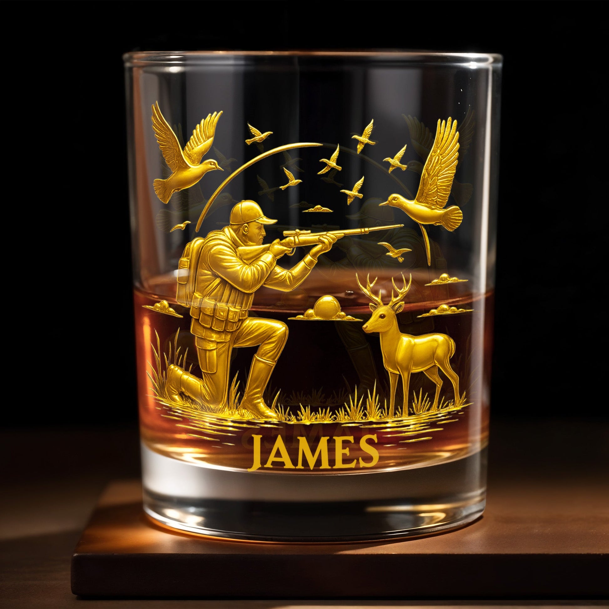 Hunter And Deer Surrounded By Flying Birds - Personalized Custom Whiskey Glass - HTING002_RWG