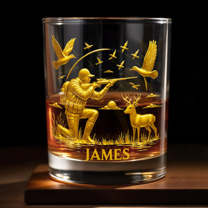 Hunter And Deer Surrounded By Flying Birds - Personalized Custom Whiskey Glass - HTING002_RWG