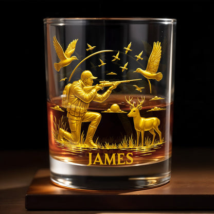 Hunter And Deer Surrounded By Flying Birds - Personalized Custom Whiskey Glass - HTING002_RWG