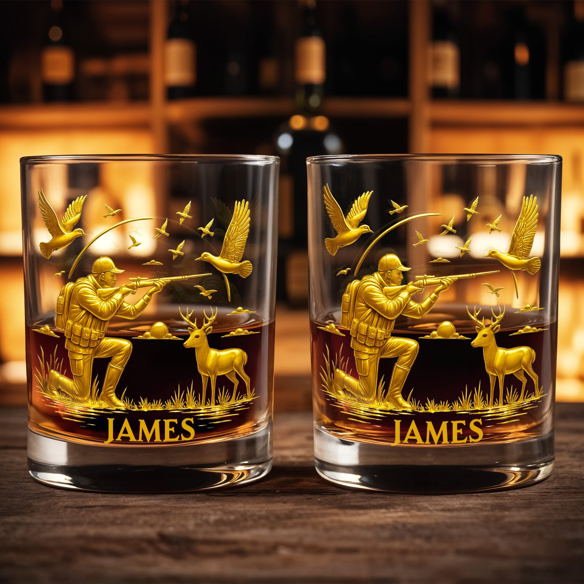 Hunter And Deer Surrounded By Flying Birds - Personalized Custom Whiskey Glass - HTING002_RWG