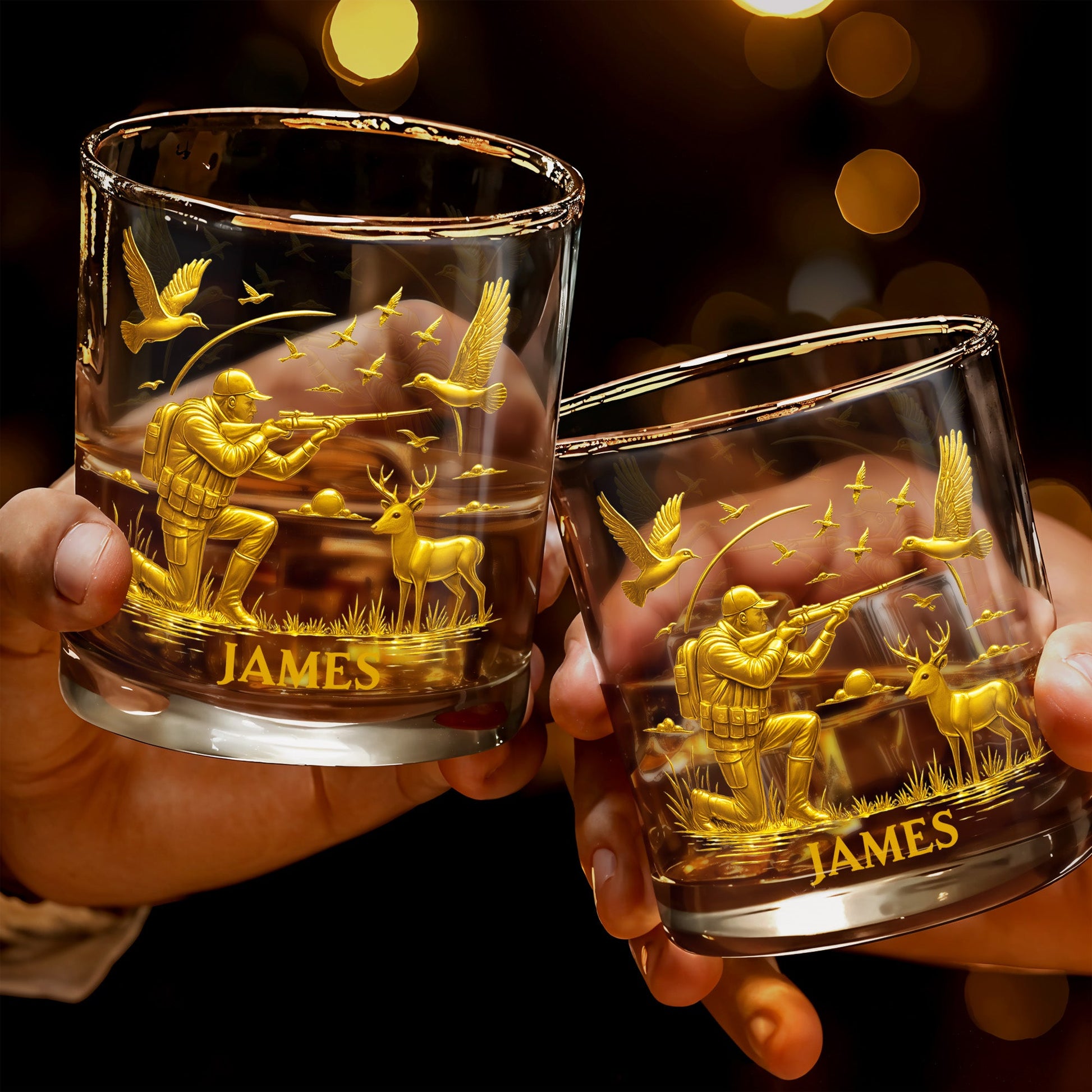 Hunter And Deer Surrounded By Flying Birds - Personalized Custom Whiskey Glass - HTING002_RWG