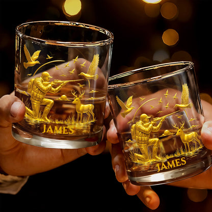 Hunter And Deer Surrounded By Flying Birds - Personalized Custom Whiskey Glass - HTING002_RWG