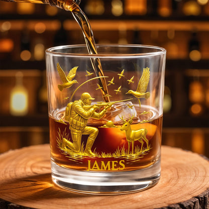 Hunter And Deer Surrounded By Flying Birds - Personalized Custom Whiskey Glass - HTING002_RWG