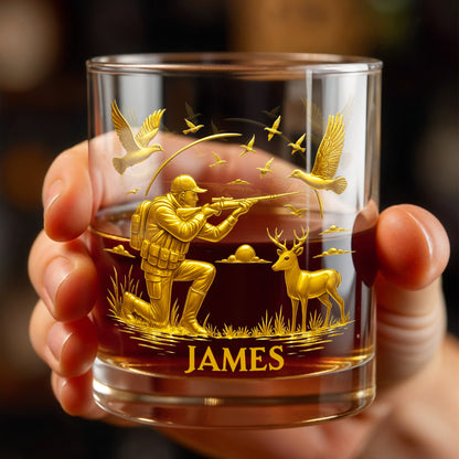 Hunter And Deer Surrounded By Flying Birds - Personalized Custom Whiskey Glass - HTING002_RWG