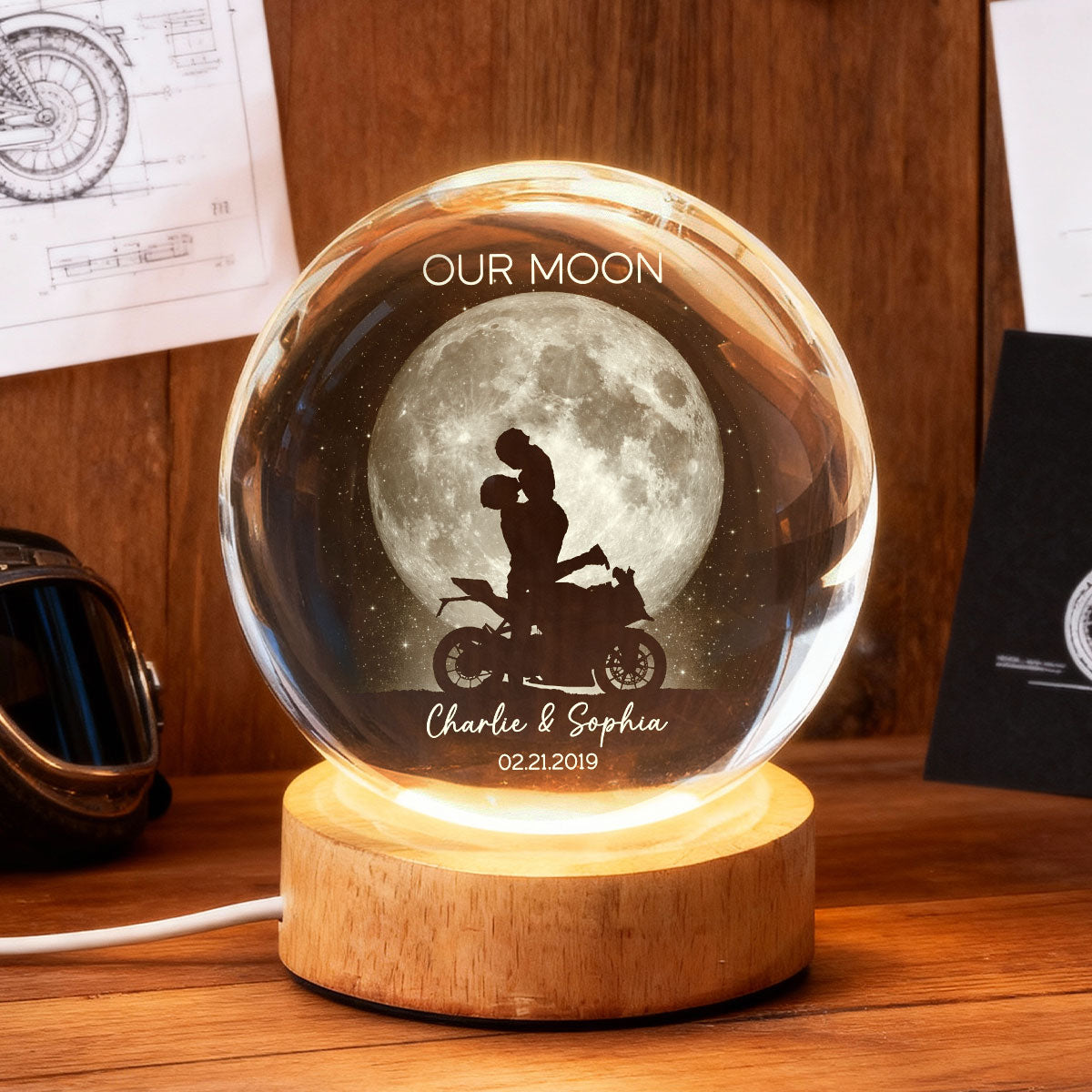 Biker Couple Kissing in the Moonlight, Custom Moon Phase by Date - Personalized Crystal Ball LED Night Light