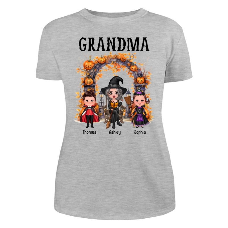 Halloween Grandma Grandkids Pumpkins At Cemetery Personalized Shirt