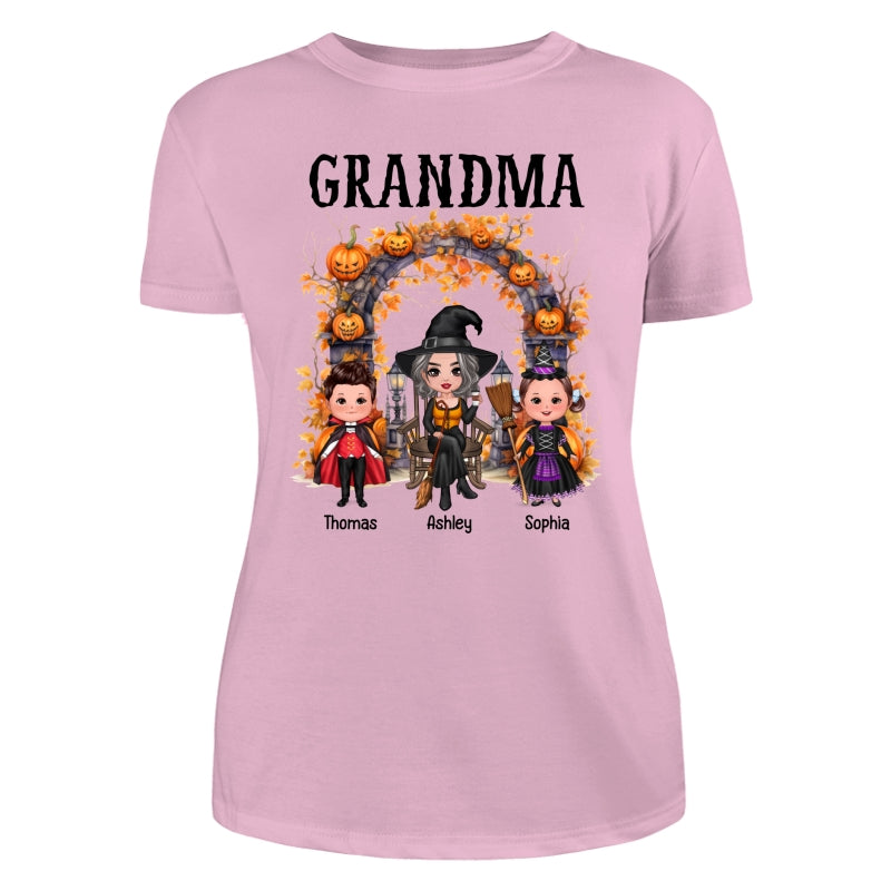 Halloween Grandma Grandkids Pumpkins At Cemetery Personalized Shirt