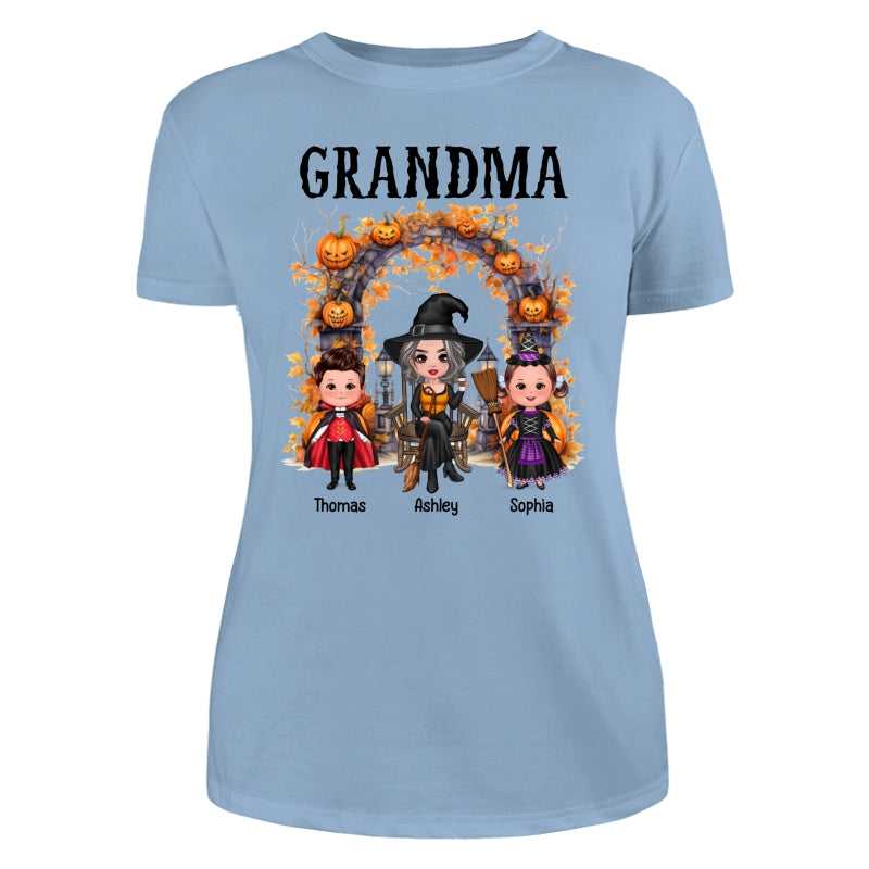 Halloween Grandma Grandkids Pumpkins At Cemetery Personalized Shirt