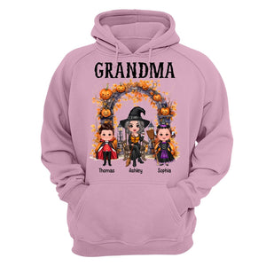Halloween Grandma Grandkids Pumpkins At Cemetery Personalized Shirt