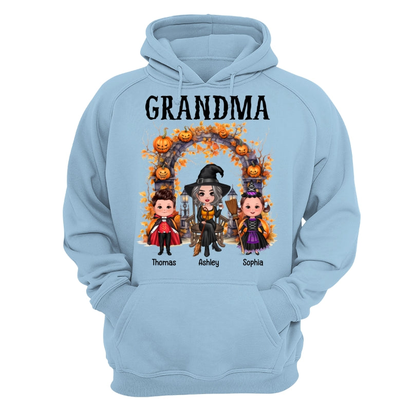 Halloween Grandma Grandkids Pumpkins At Cemetery Personalized Shirt