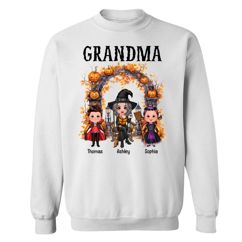 Halloween Grandma Grandkids Pumpkins At Cemetery Personalized Shirt