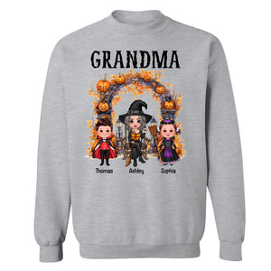 Halloween Grandma Grandkids Pumpkins At Cemetery Personalized Shirt