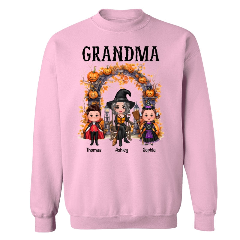 Halloween Grandma Grandkids Pumpkins At Cemetery Personalized Shirt