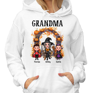 Halloween Grandma Grandkids Pumpkins At Cemetery Personalized Shirt