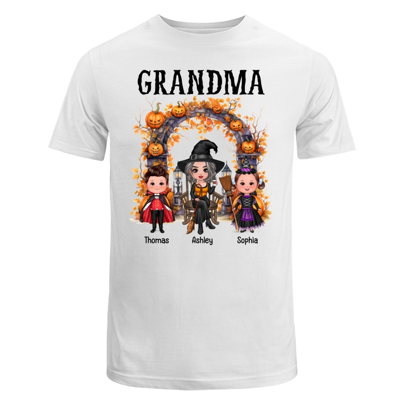 Halloween Grandma Grandkids Pumpkins At Cemetery Personalized Shirt
