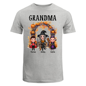 Halloween Grandma Grandkids Pumpkins At Cemetery Personalized Shirt