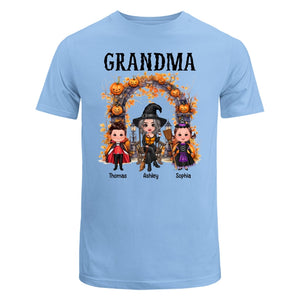 Halloween Grandma Grandkids Pumpkins At Cemetery Personalized Shirt