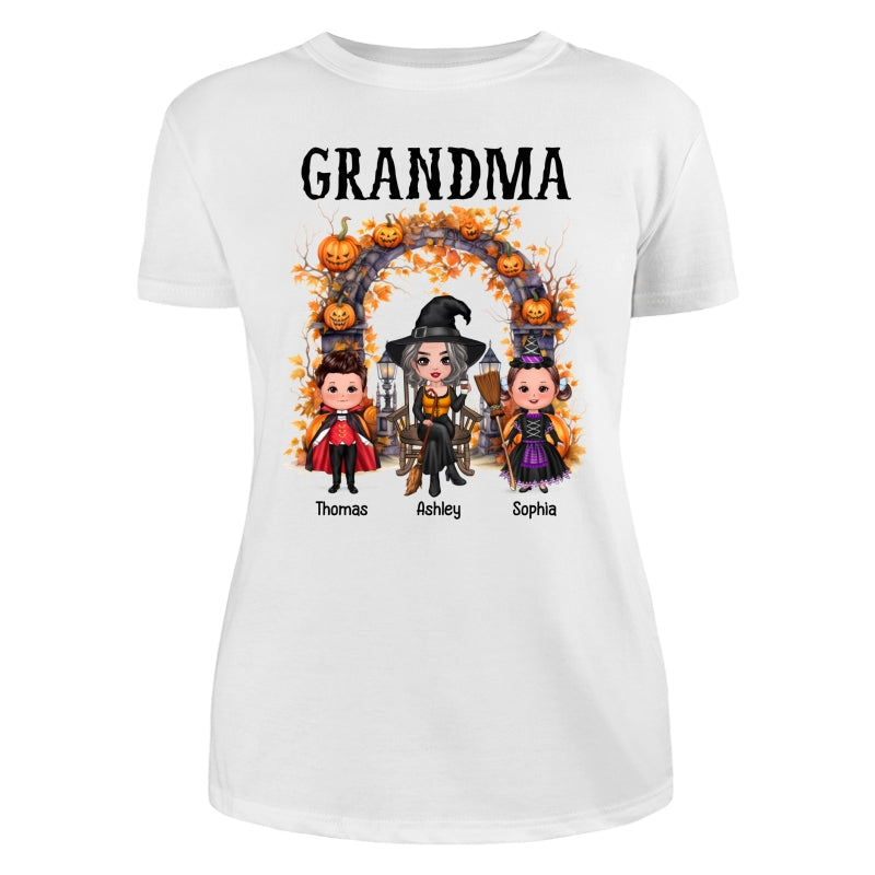Halloween Grandma Grandkids Pumpkins At Cemetery Personalized Shirt