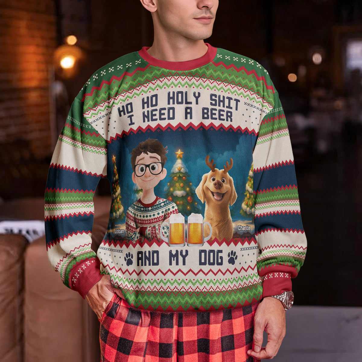 Ho Ho Holy I Need A Beer And My Dog personalized ugly sweater