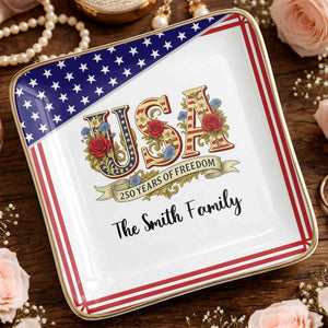 250 Years Of Freedom With Flag And Flowers - Personalized Custom Jewelry Dish, Ceramic Dish, Square Shape - INDE027_SCRF
