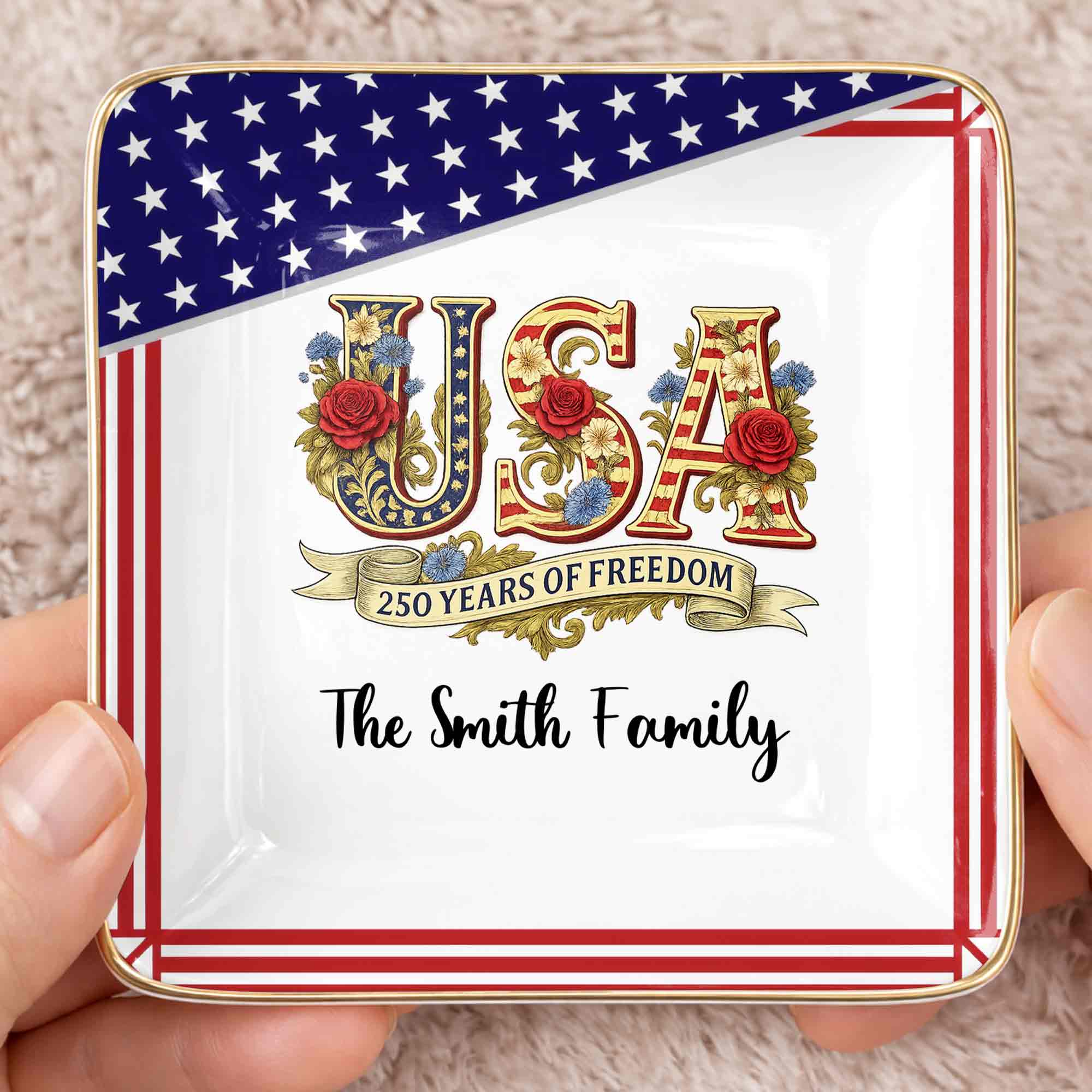 250 Years Of Freedom With Flag And Flowers - Personalized Custom Jewelry Dish, Ceramic Dish, Square Shape - INDE027_SCRF