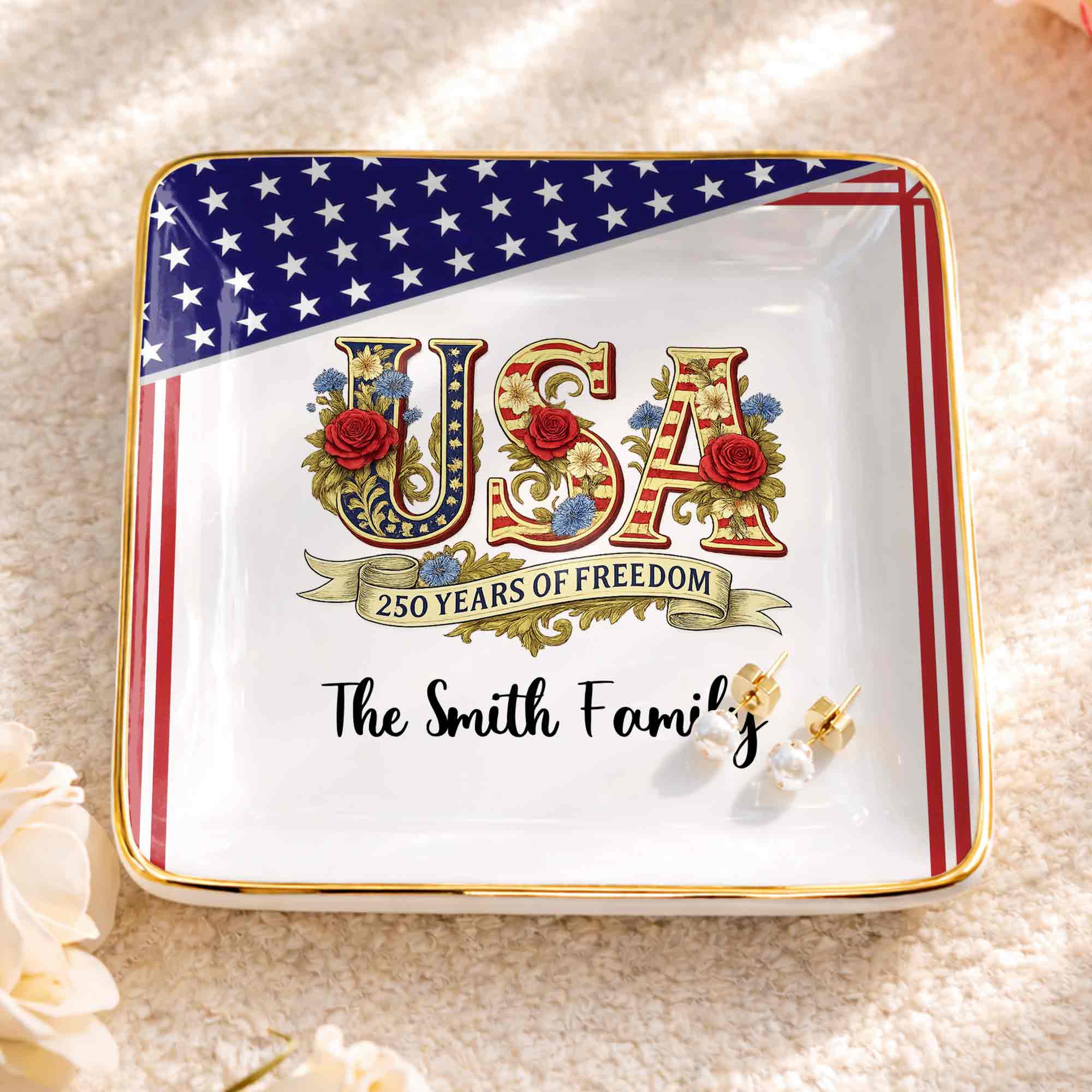 250 Years Of Freedom With Flag And Flowers - Personalized Custom Jewelry Dish, Ceramic Dish, Square Shape - INDE027_SCRF