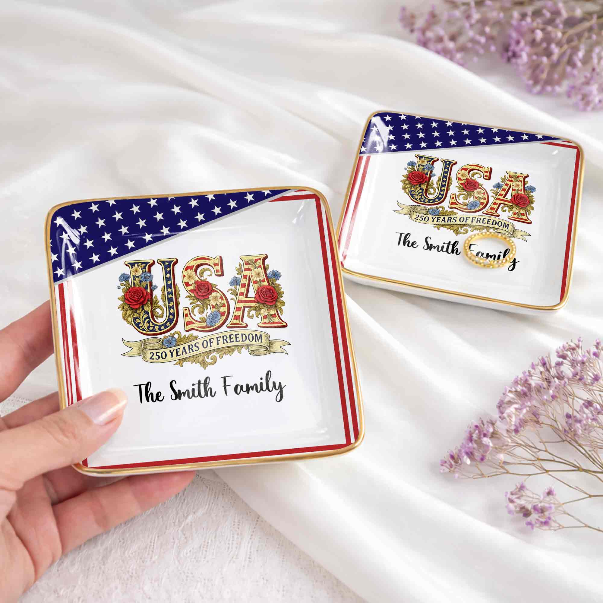 250 Years Of Freedom With Flag And Flowers - Personalized Custom Jewelry Dish, Ceramic Dish, Square Shape - INDE027_SCRF