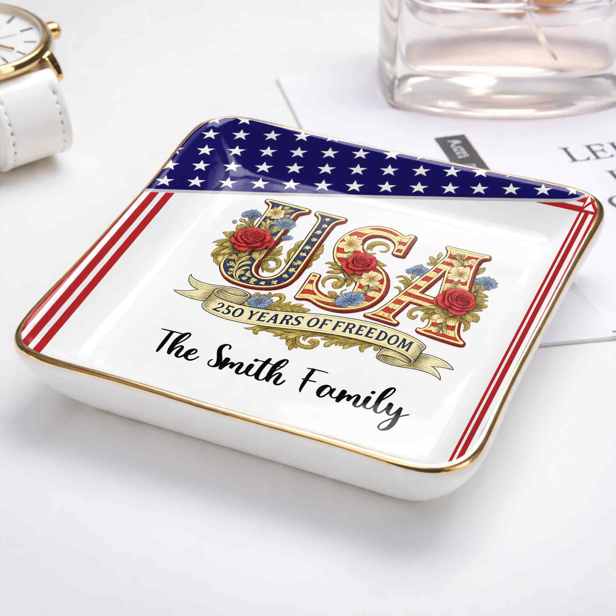 250 Years Of Freedom With Flag And Flowers - Personalized Custom Jewelry Dish, Ceramic Dish, Square Shape - INDE027_SCRF