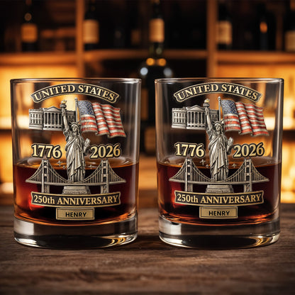 United States 250th Anniversary Whiskey Glass - Personalized Custom Whiskey Glass - INDE039_RWG