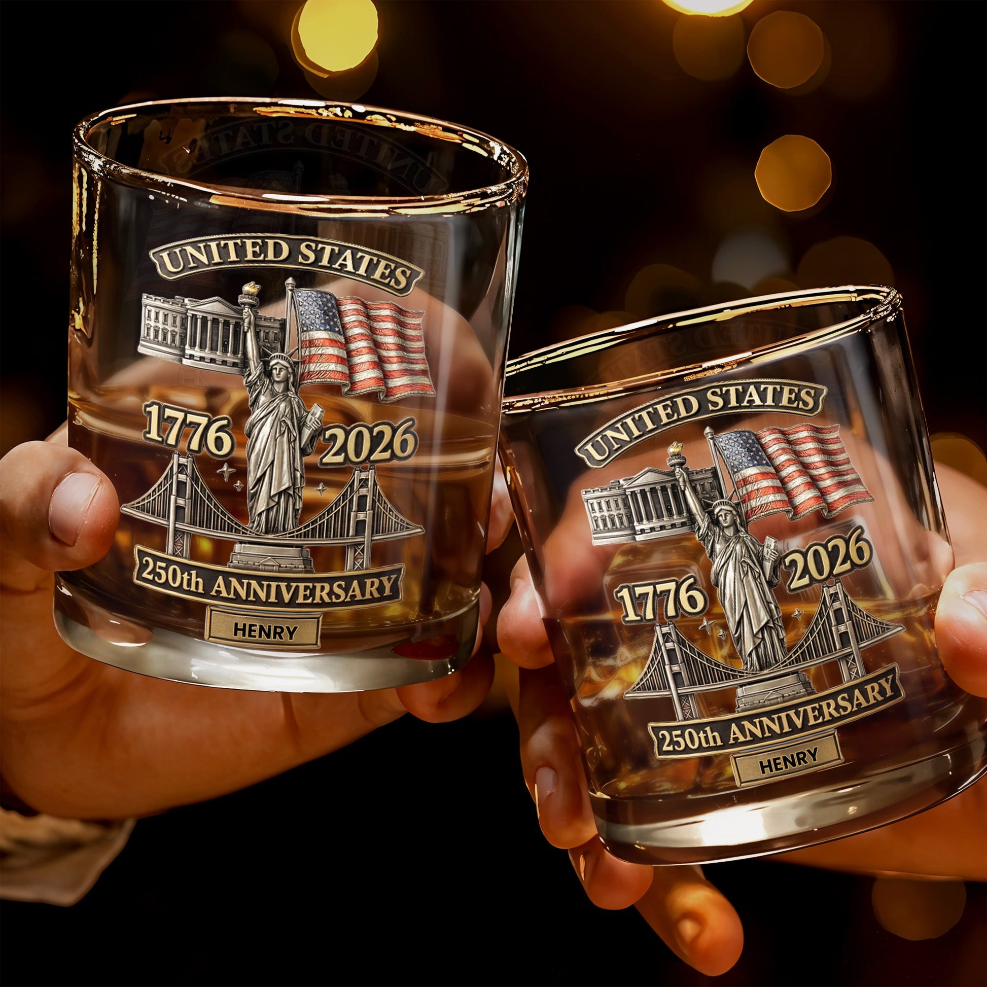 United States 250th Anniversary Whiskey Glass - Personalized Custom Whiskey Glass - INDE039_RWG