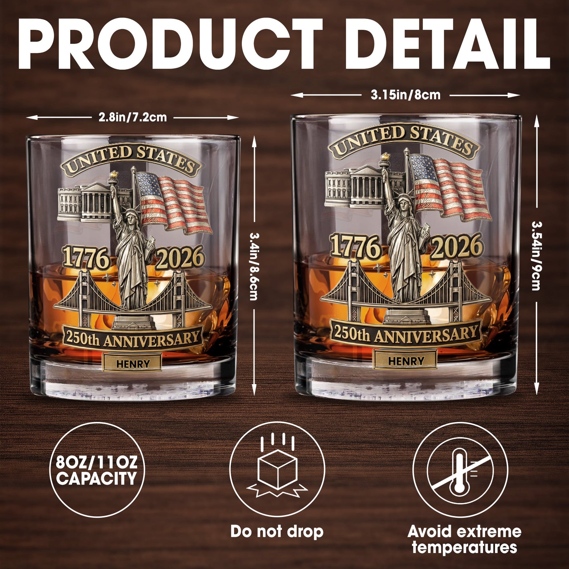 United States 250th Anniversary Whiskey Glass - Personalized Custom Whiskey Glass - INDE039_RWG