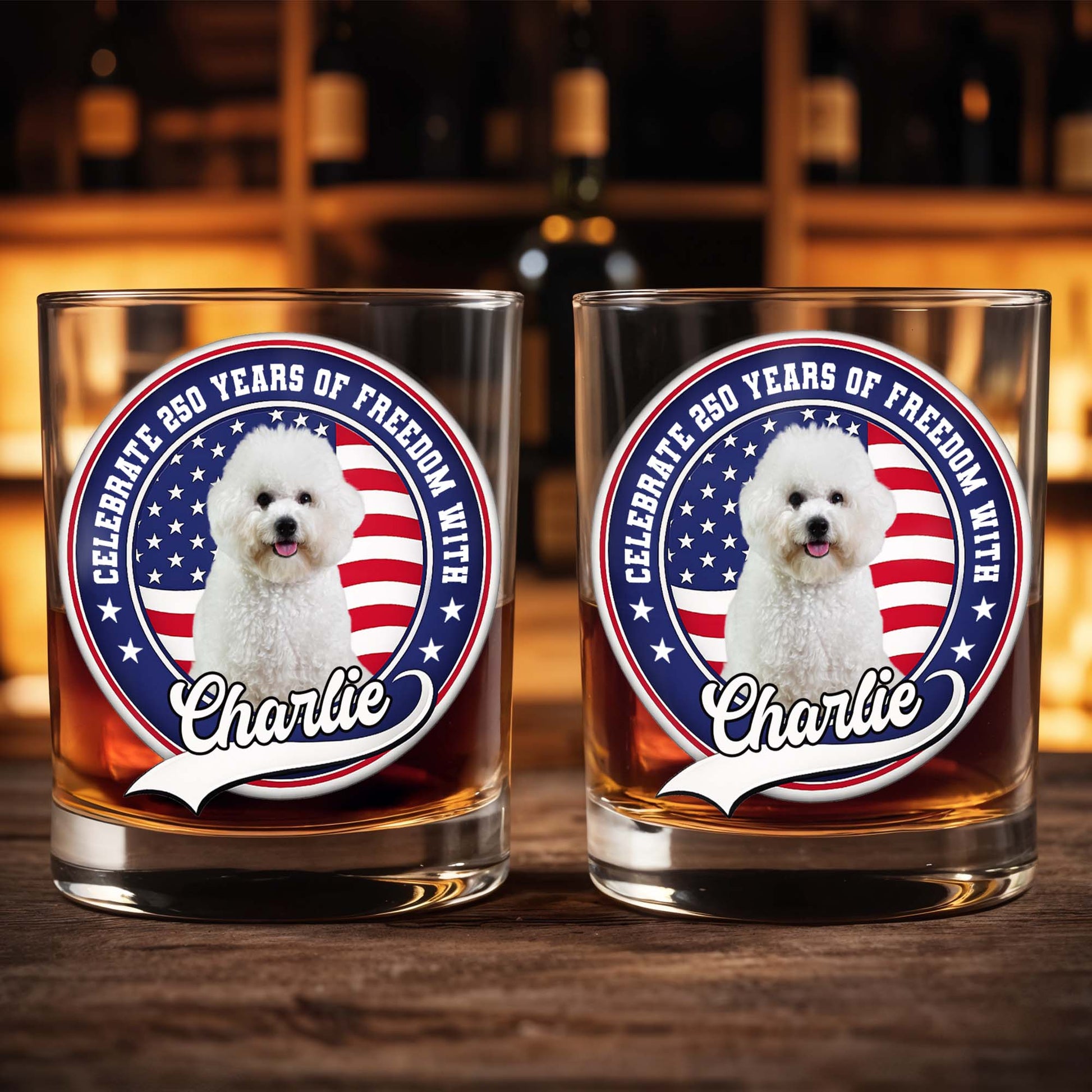 Celebrate Freedom, Customized Whiskey Glass With Dog And Flag - Personalized Custom Whiskey Glass - INDE040_RWG