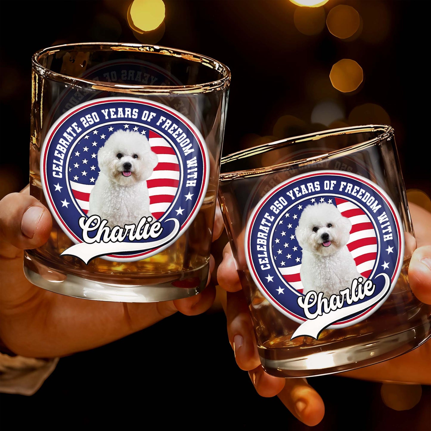 Celebrate Freedom, Customized Whiskey Glass With Dog And Flag - Personalized Custom Whiskey Glass - INDE040_RWG