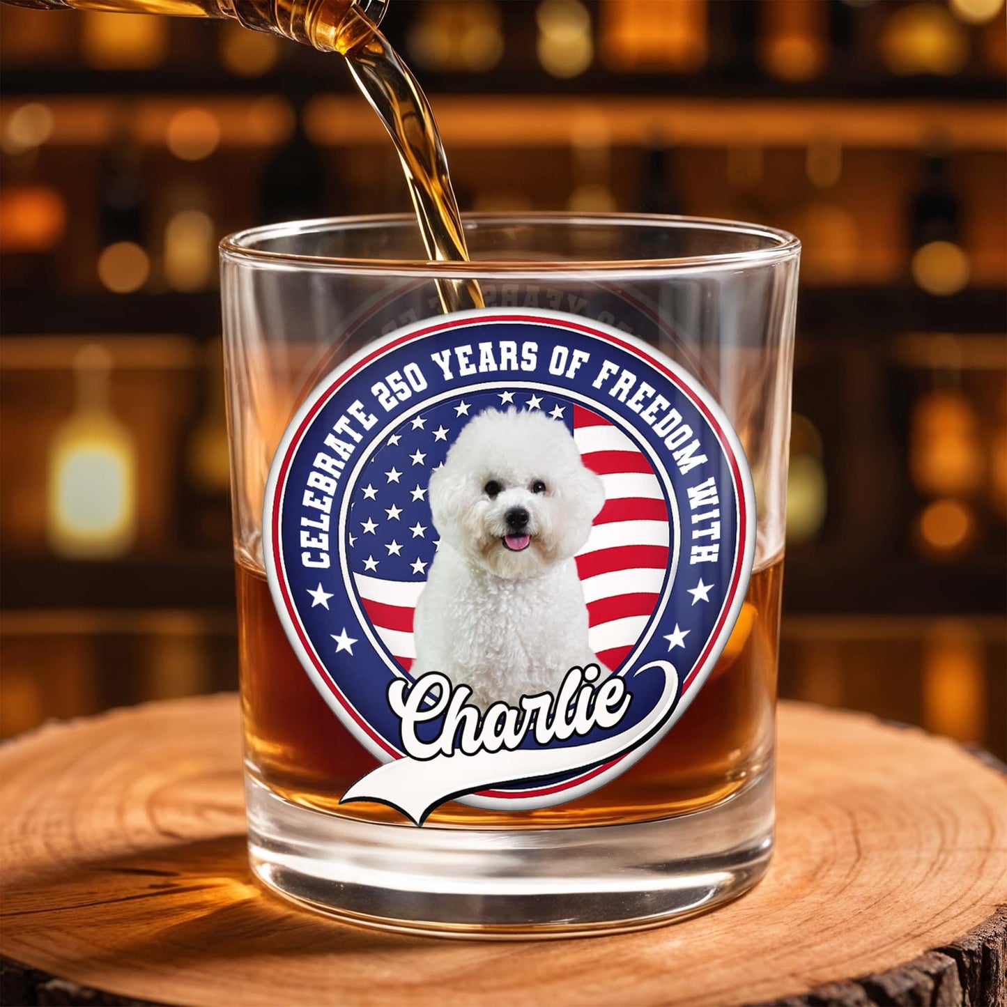 Celebrate Freedom, Customized Whiskey Glass With Dog And Flag - Personalized Custom Whiskey Glass - INDE040_RWG