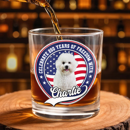 Celebrate Freedom, Customized Whiskey Glass With Dog And Flag - Personalized Custom Whiskey Glass - INDE040_RWG