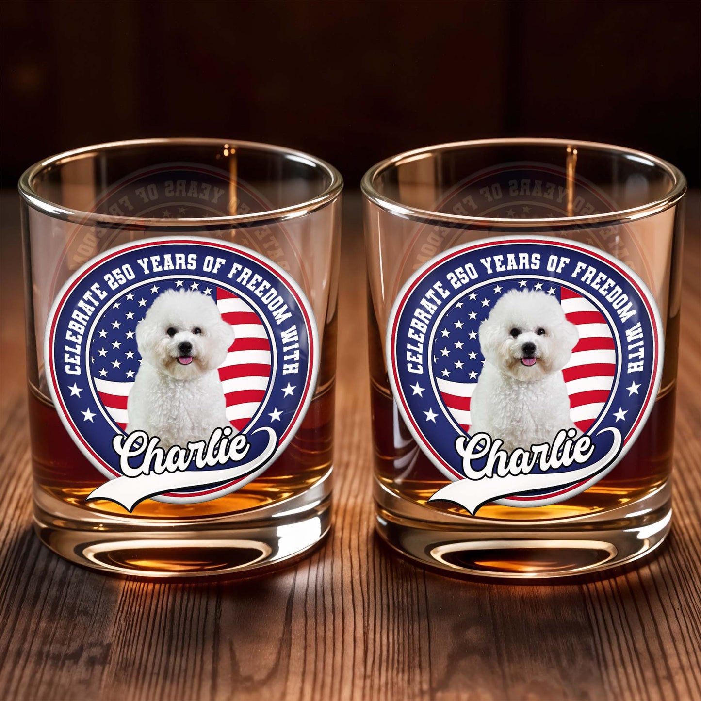 Celebrate Freedom, Customized Whiskey Glass With Dog And Flag - Personalized Custom Whiskey Glass - INDE040_RWG